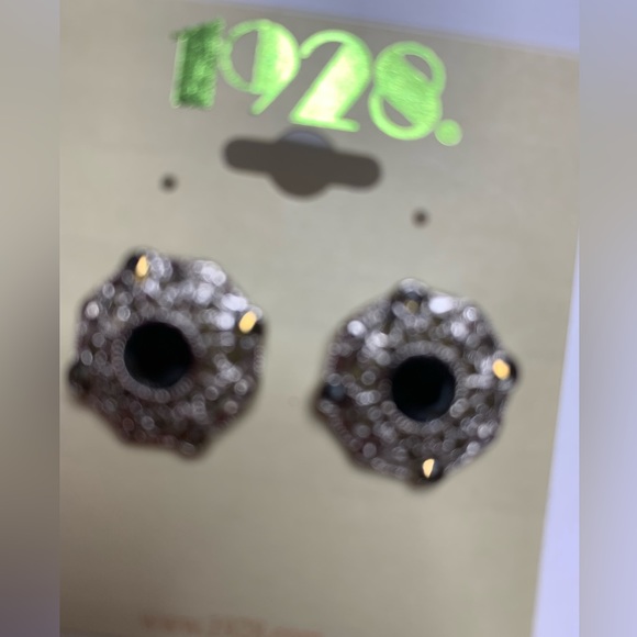 1928 Jewelry Silver-Tone Black Crystal and Marcasite Button Earrings - Picture 2 of 3